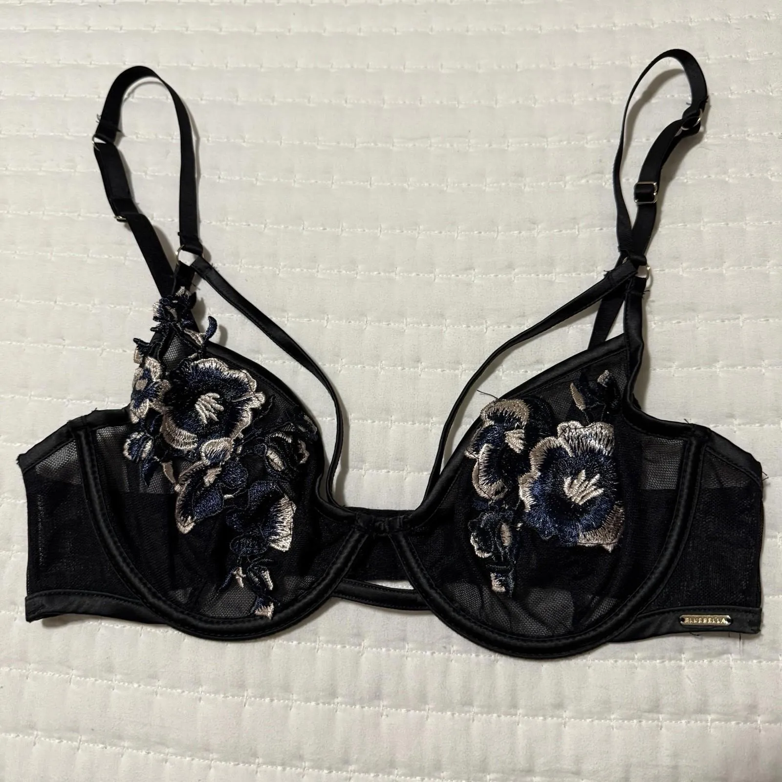 Bluebella Mesh Floral Cage Bra Black Blue Size 32C Strappy Flower Applique - Image 5