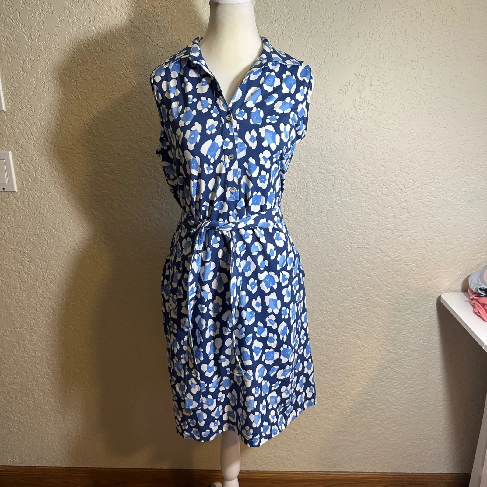 J McLaughlin Womens Blue Leopard Print Sleeveless Shirt Dress Size  M Tie Waist - Image 11