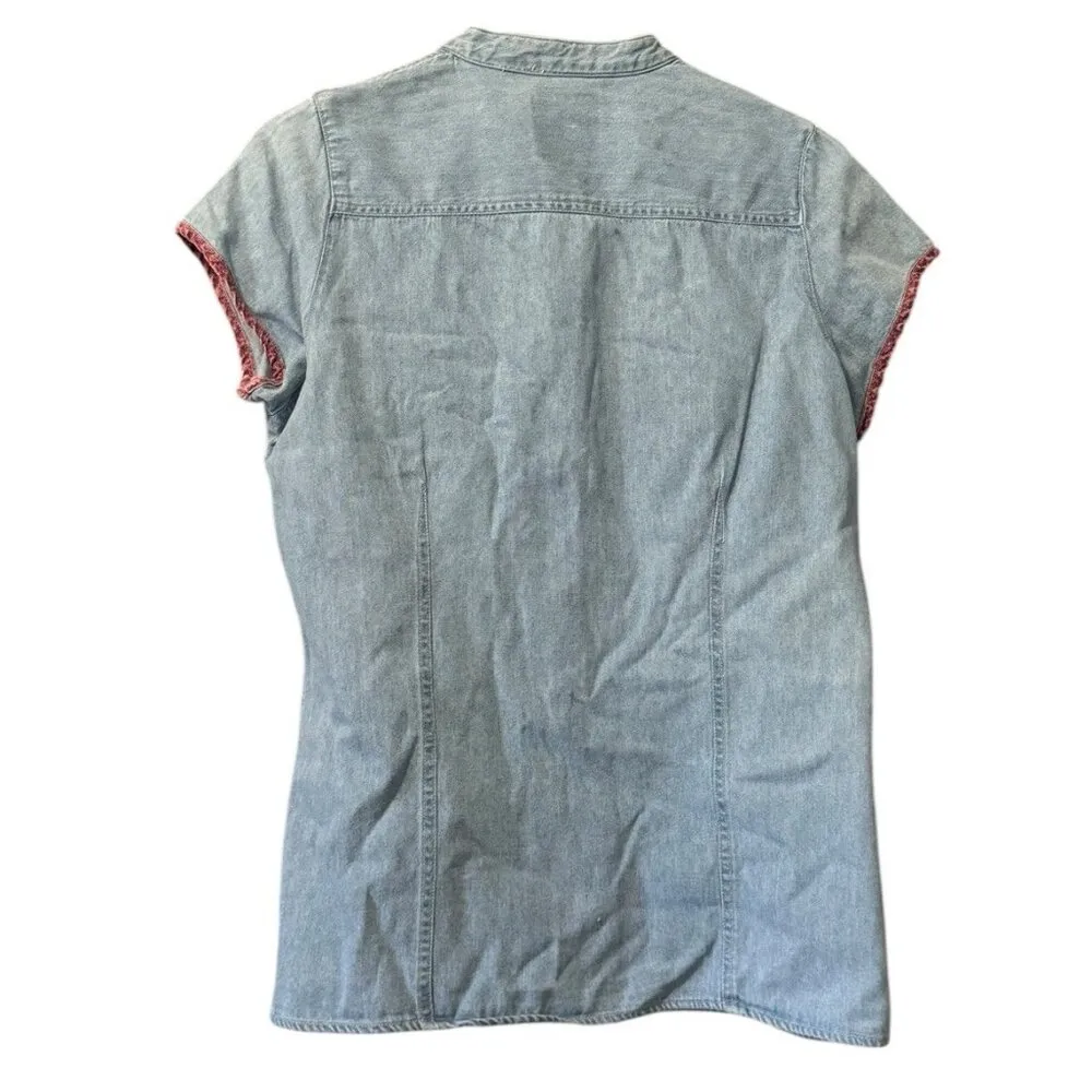 Andrew’s Blues Denim Size Medium Button Up Shirt Cotton Hippie Boho Short Sleeve Blue - Image 2