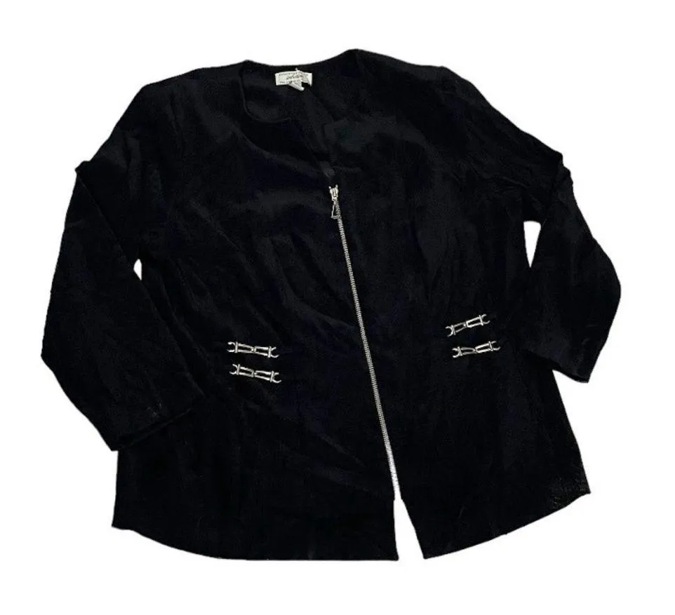 LORD & TAYLOR Black Jacket Zip Front Silver Hardware Size 16W VINTAGE Round Neck - Image 4