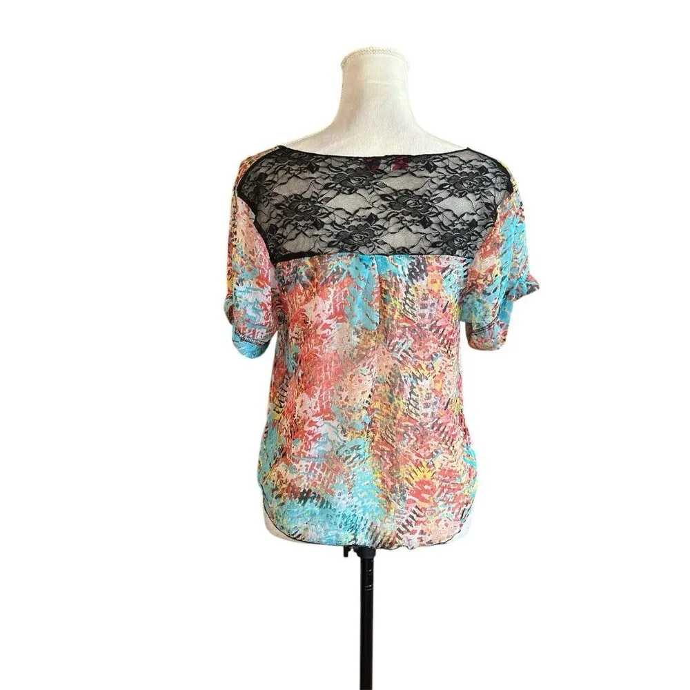 Women’s Lace Back Sheer Blouse Crop Sz L Blue Floral Flowy Prairie Fairy Top Size L - Image 3