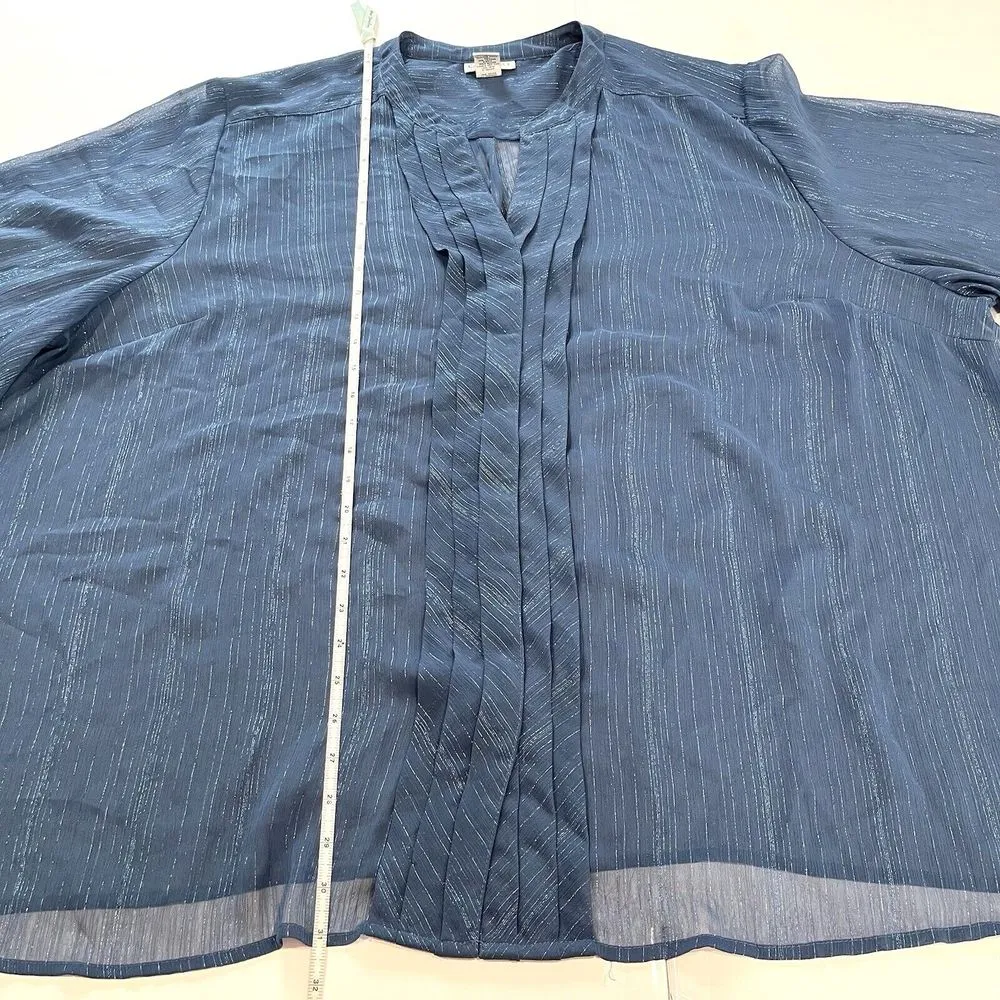 Catherines Blue Metallic Semi Sheer Chiffon Y Neck Button Blouse Size 4X‎ - Image 8