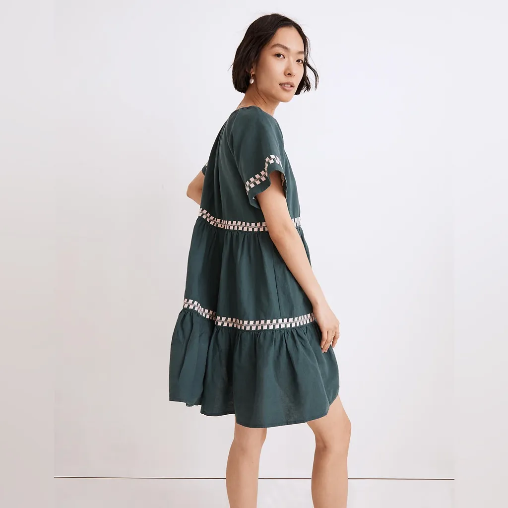 Madewell Embroidered Linen-Blend Flutter-Sleeve Mini Dress Size Small - Image 4