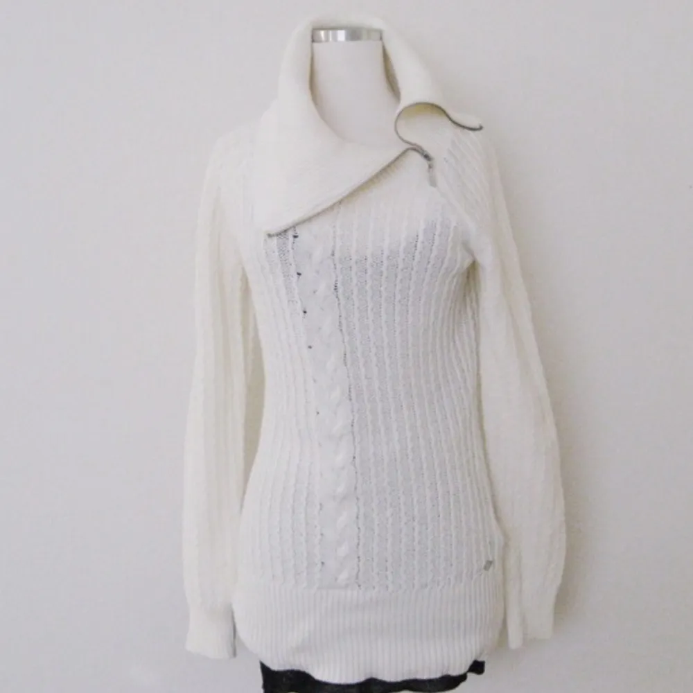 Guess Ivory White Cowl Neck Zip Knit Sweater L - Image 3