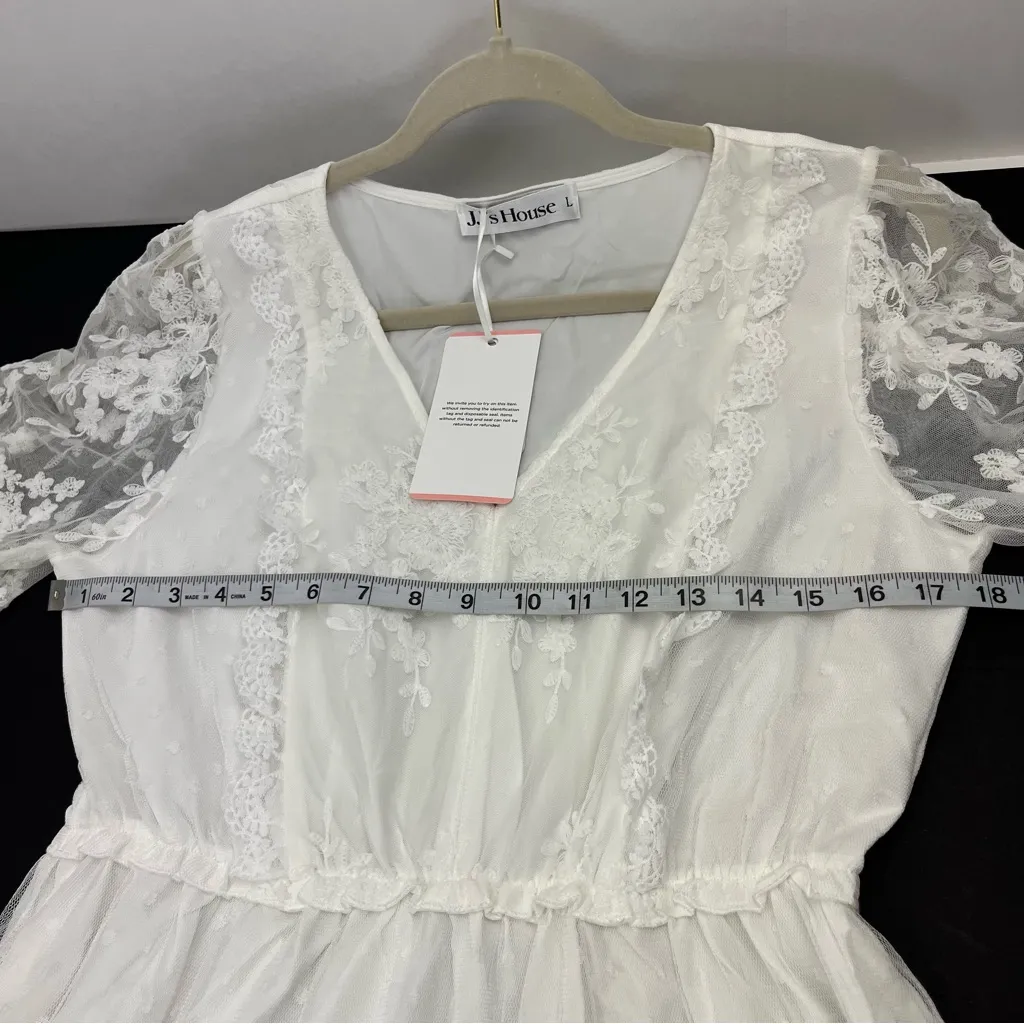 JJ's House Flower‎ Ruffle V-Neck A-line Lace Maxi Dress # 288443 White Large NEW - Image 9