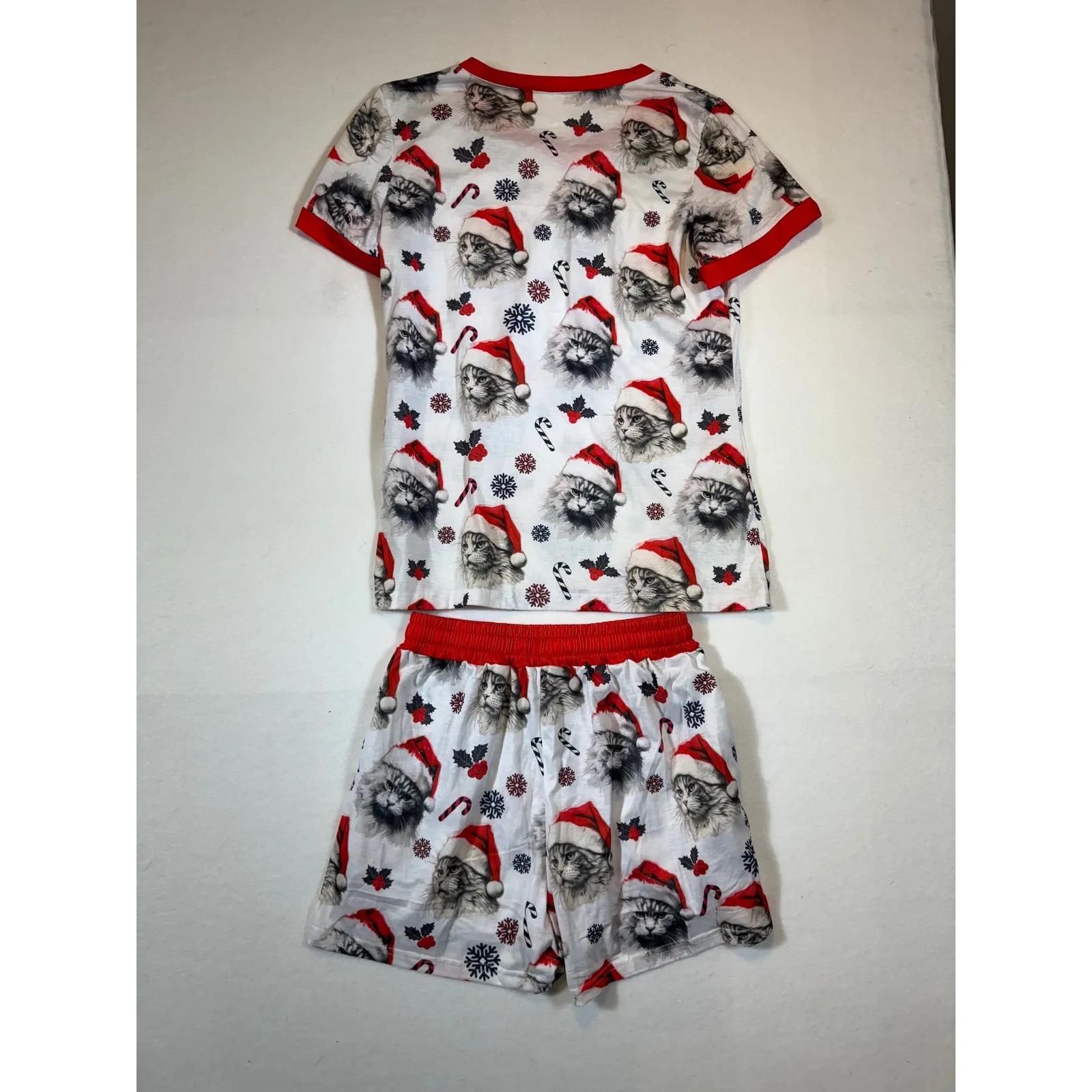 Womens Christmas Pajama Set Cat Santa Holiday Sleepwear Lounge Red White - Image 2