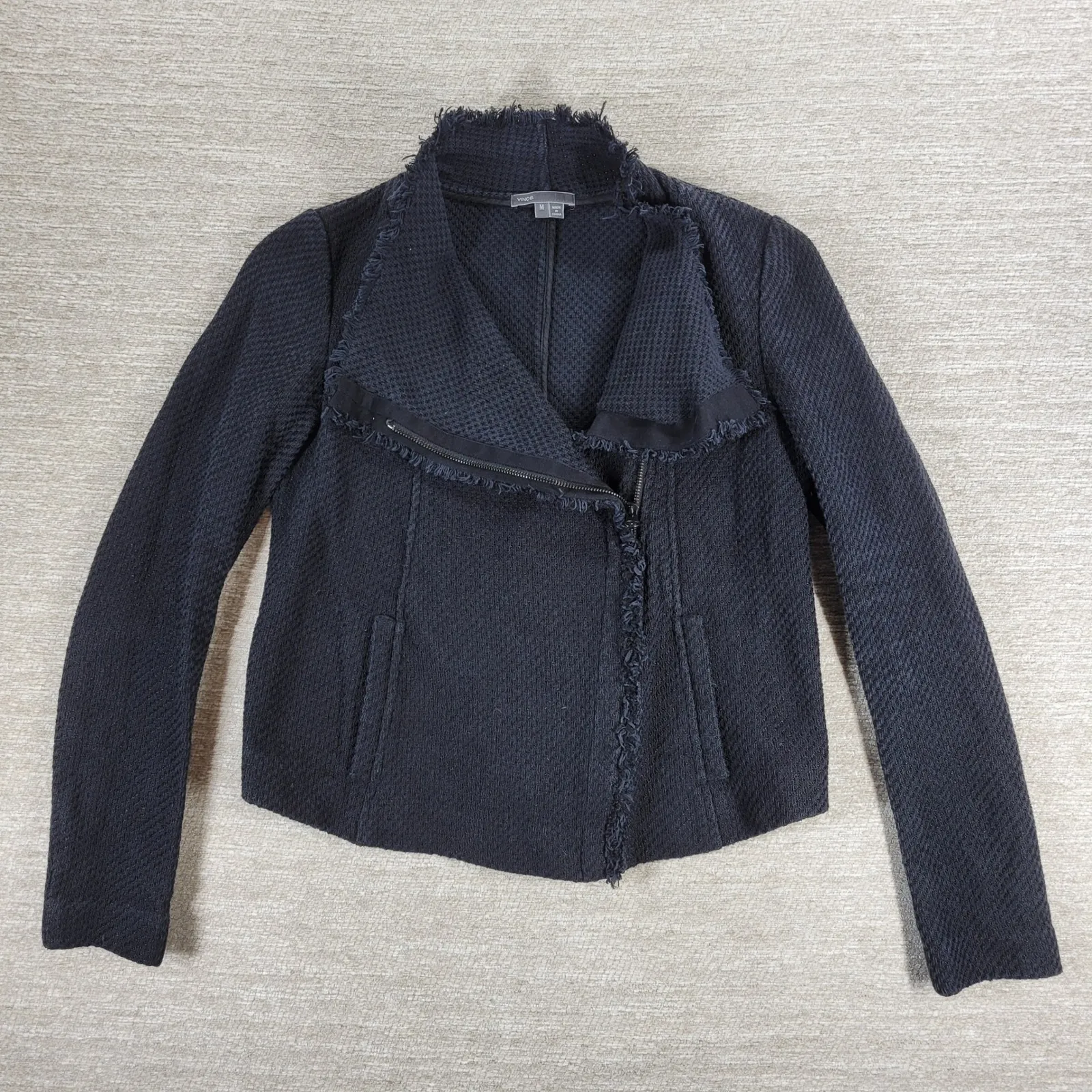 Vince Textured Knit Moto Jacket S Zip Fringe Trim Collar Black - Image 9