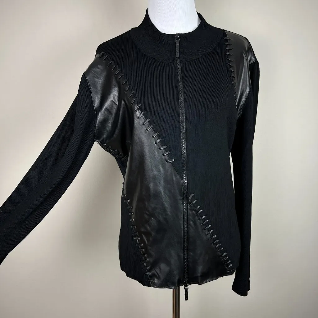 Yuka Sweater Jacket Womens Large Black Faux Leather Ribbed Knit Zip Whip Stitch‎ - Image 6