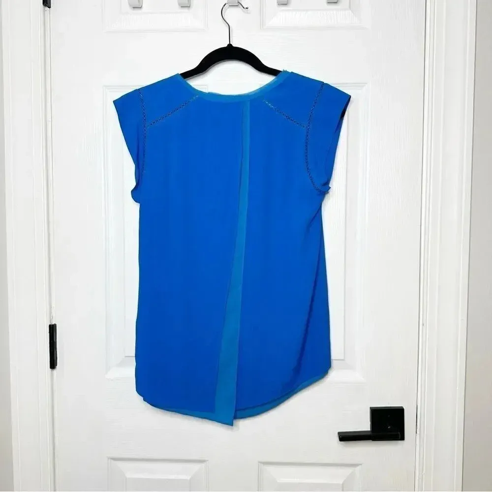REBECCA TAYLOR Split Back Short Sleeve Crepe Top Size 2 Blue Flowy‎ - Image 7