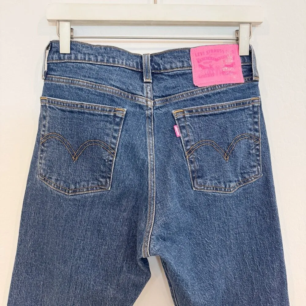 Levi’s Wedgie Straight Leg Dark Wash Blue Jeans Button‎ Fly Raw Hem Pink Size 27 - Image 8