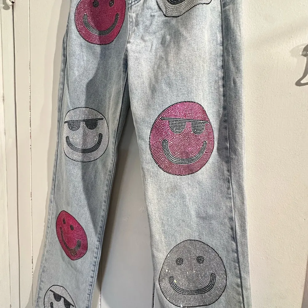 AKIRA Rhinestone Smiley Face Light Blue Jeans - Image 2