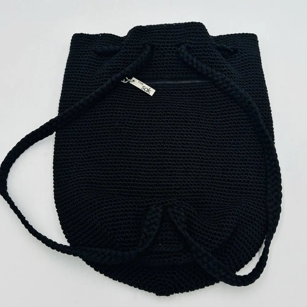 The Sak Black Hobo Crochet Drawstring Backpack Bag Purse Vintage 11" x 14" - Image 2