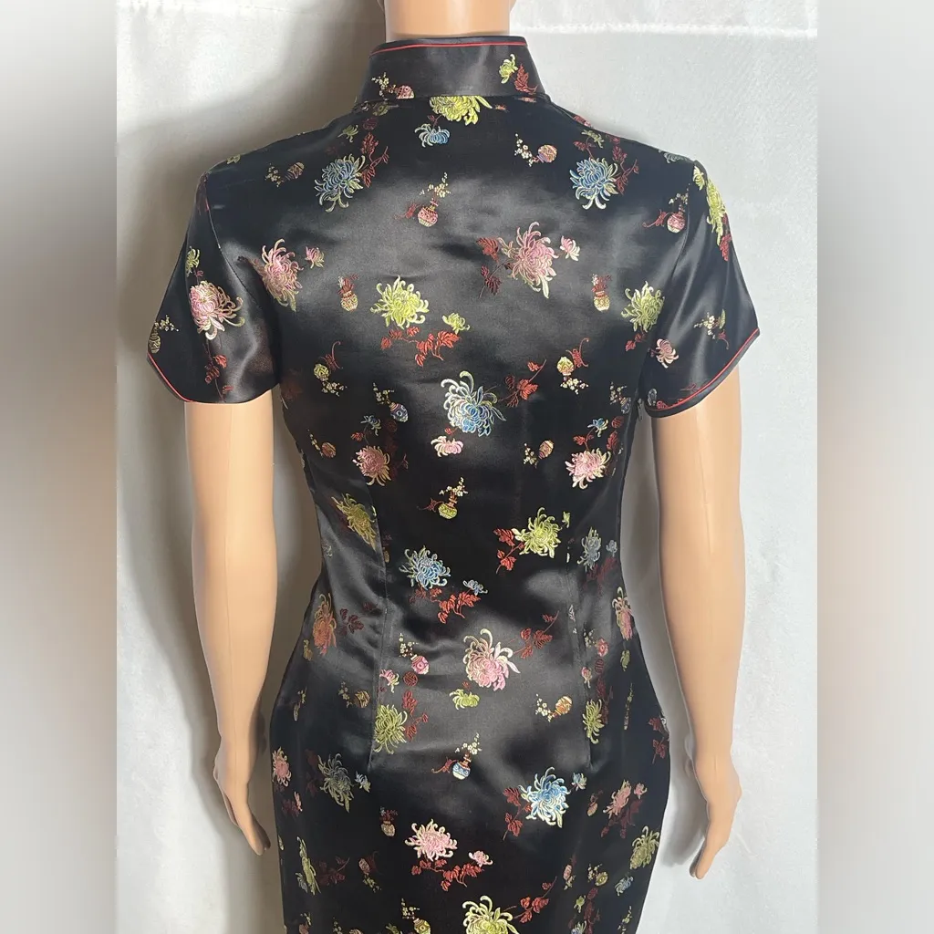 Squirrel Hangzhou China Black Floral Cheongsam Dress 100% Rayon Sz 34x17 Pink - Image 8