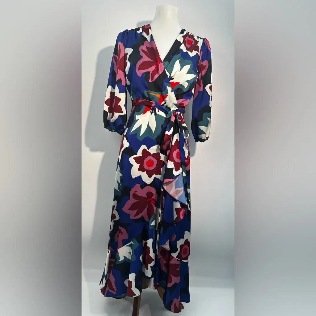 Sam Edelman Matisse Floral Faux Wrap Midi Dress Cobalt Multi 3/4 Sleeve - Image 4