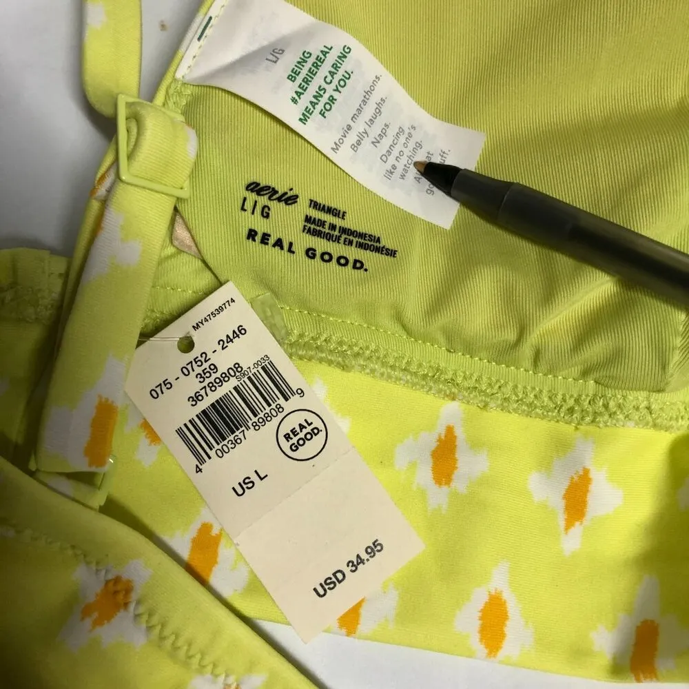 Aerie Bikini Top Triangle V Neck Removable Cups Geometric Yellow L - Image 3
