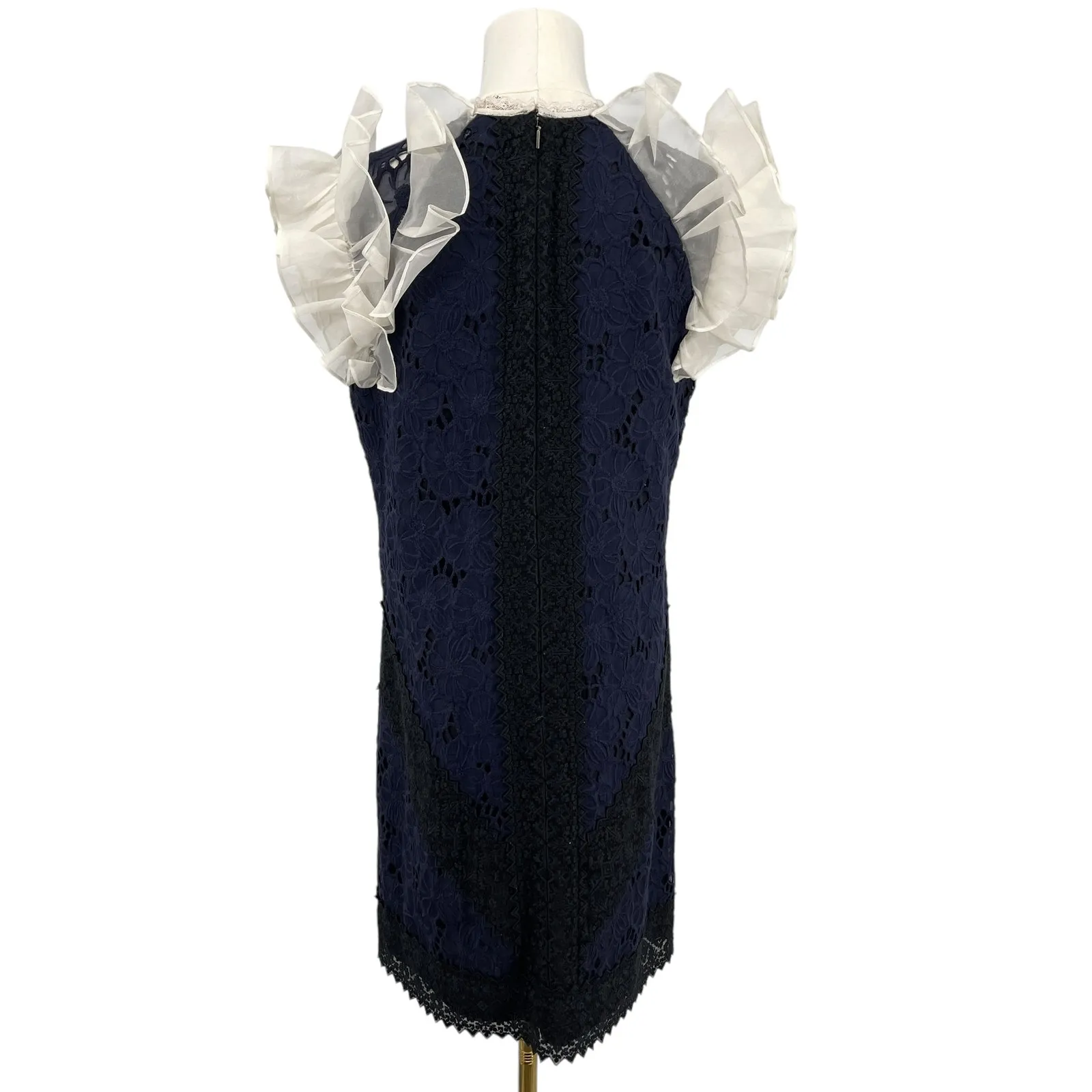 Rebecca Taylor Women's High Neck Ruffle Lace Dress Size 6 Navy Ivory OOAK - Image 6