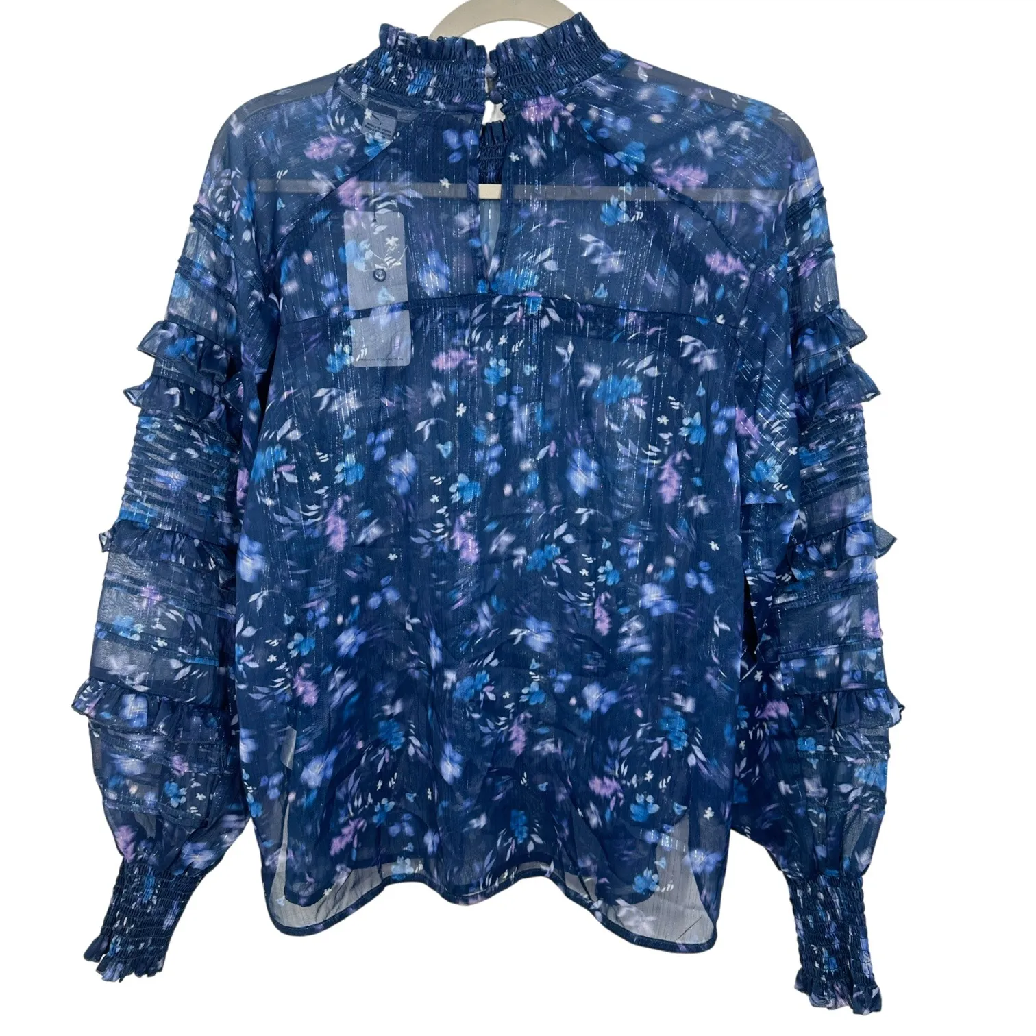 French Connection Anifrida Arica Ruffle Pleat-Sleeve Top Mock Neck Floral Sheer - Image 11