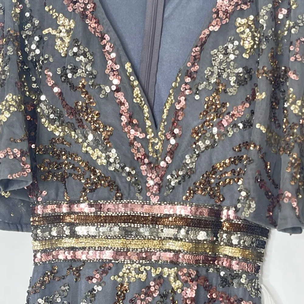 Mac Duggal 5439 Short Cape Flutter Sleeve Sequined Gown in Charcoal, Size 4 - Image 4