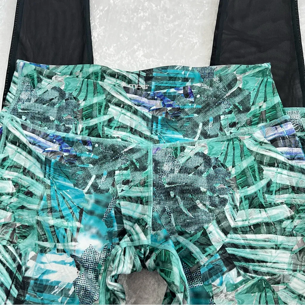 MPG leggings Tropical Multi Palms Mesh Back Printed Size Large Blue - Image 5