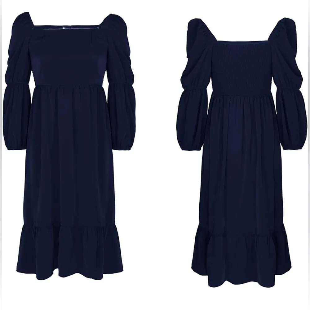 NEW Navy Blue Smocked Square Neck Puff Sleeve Ruffle Hem Dress Size XL Size L - Image 4
