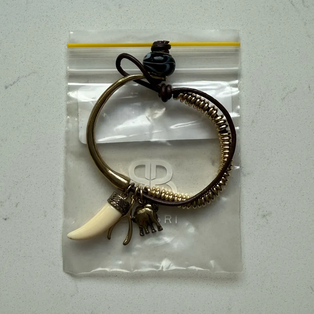 Bansri Lucky Charm Bracelet Gold Coil Leather Elephant, Wishbone & Tusk Pendant‎ Brown - Image 3