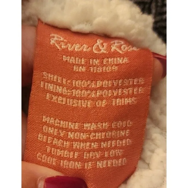 River & Rose Puffer Vest Herringbone Quilted Sherpa Lined Black Gray L Size L - Image 5