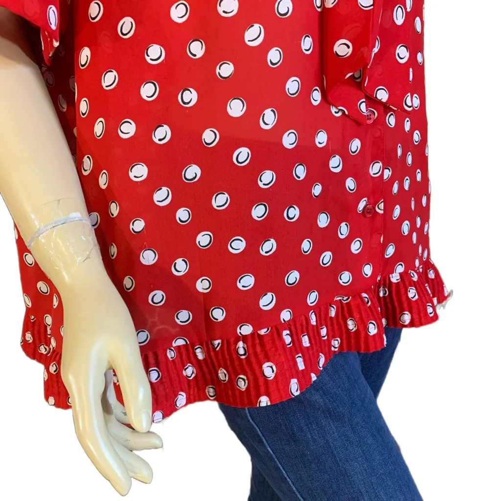 ALFRED DUNNER VINTAGE 1980'S RED, BLACK AND WHITE DOTS RUFFLE HEM BLOUSE (18) - Image 6