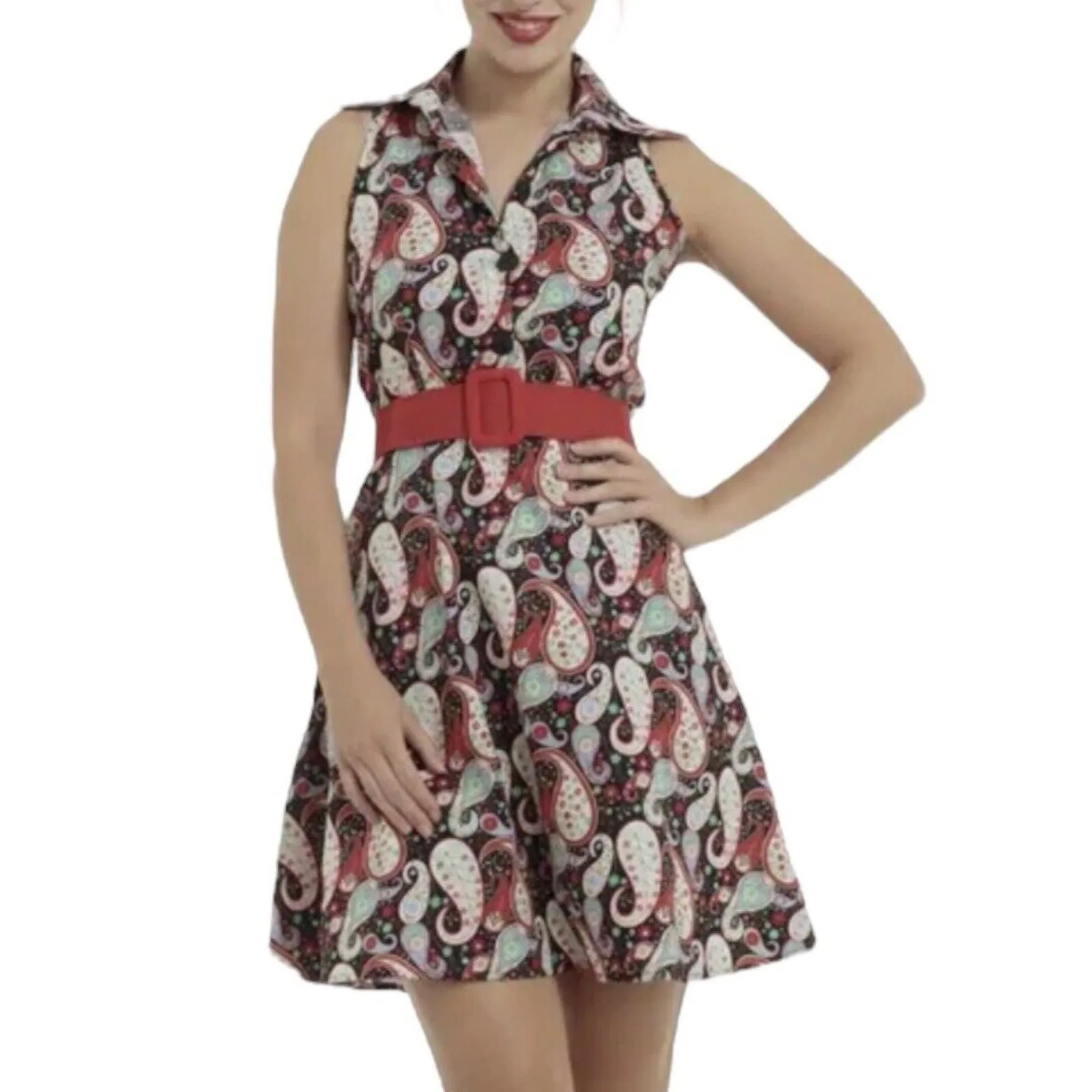 Voodoo Vixen Dress Womens Small Multicolor‎ Paisley Shirt Saranya Vibrant Pin Up Red - Image 7