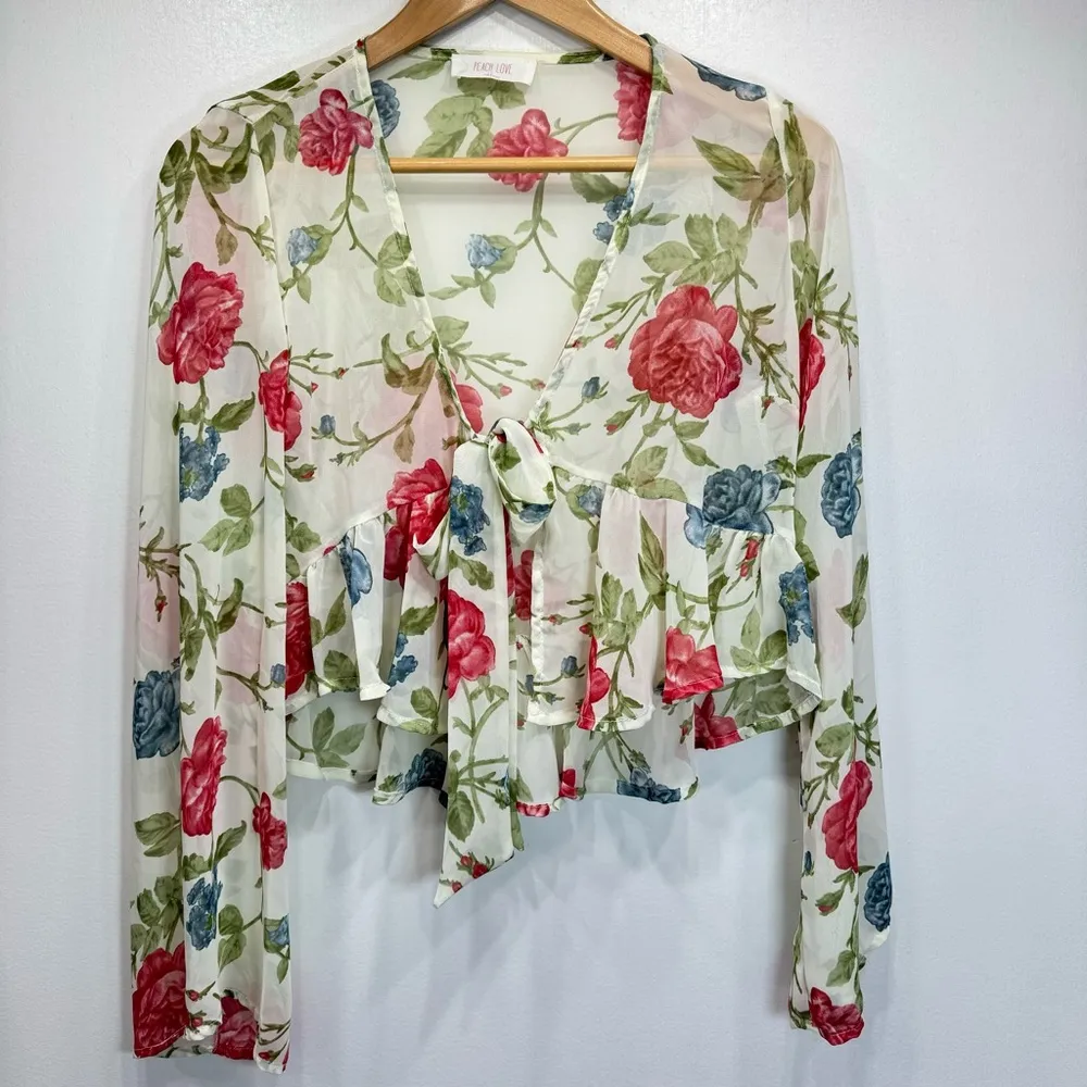 Sheer Floral Ruffle Hem Long Sleeve Tie Front Shrug Small - Image 2
