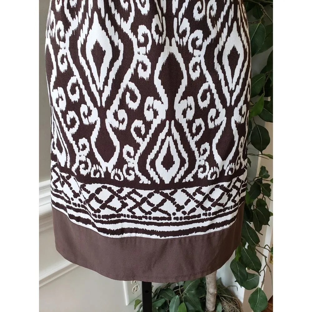 Wrapper Sheath Dress Womens Medium White Brown Geo Print Sleeveless Crochet Neck - Image 9