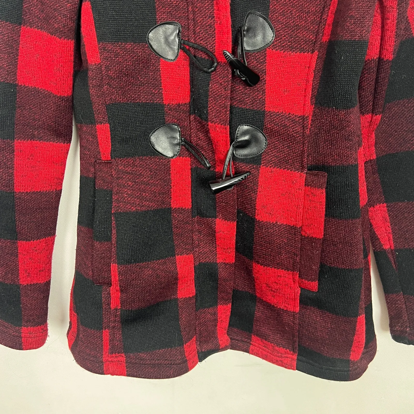 Madden Girl Red/Black Checkered Hooded Peacoat Size Small - Image 4
