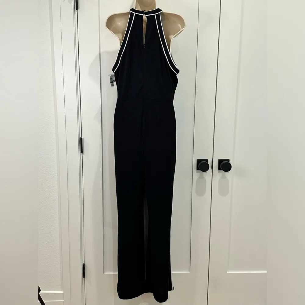 NWT INC Contrast Piping Halter Jumpsuit Large Black White Stripe Wide Leg Party - Image 5
