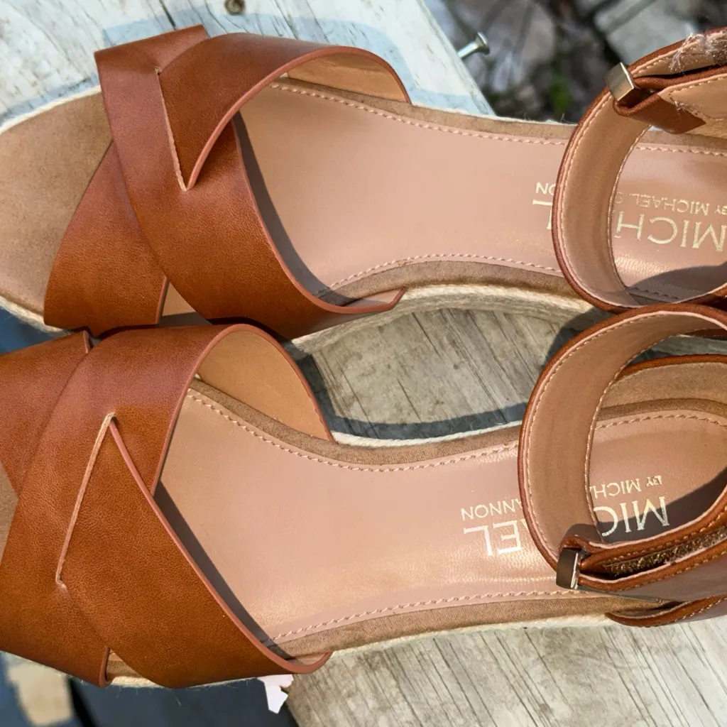 Michael Shannon Sylvie Tan Espadrille Wedge Sandals Brown Vegan Leather size 6.5 - Image 3