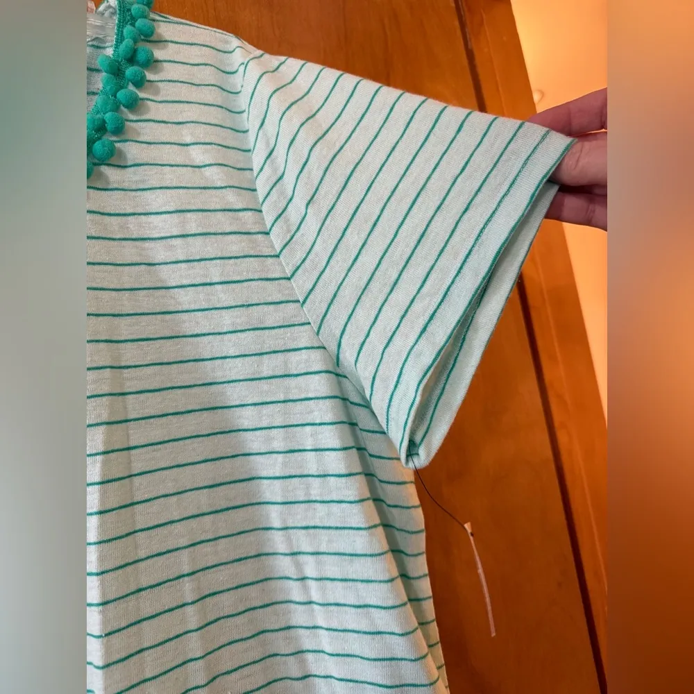 Talbots Top Seafoam Green Striped Pom Pom Trim Linen Blend Tee T-Shirt NWT XL - Image 6