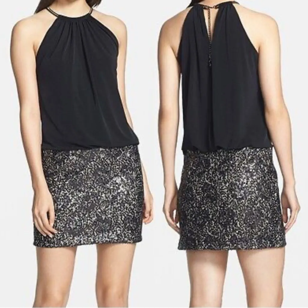 Jessica Simpson Black Jersey Halter Blouson Prom Dress w/Sequin-Lace Skirt - Image 2