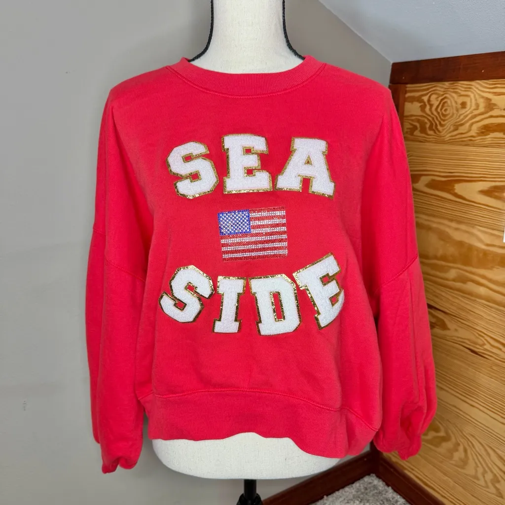Judith March By The Seaside Pullover Sweatshirt Red Small S Rhinestone Flag - Image 2