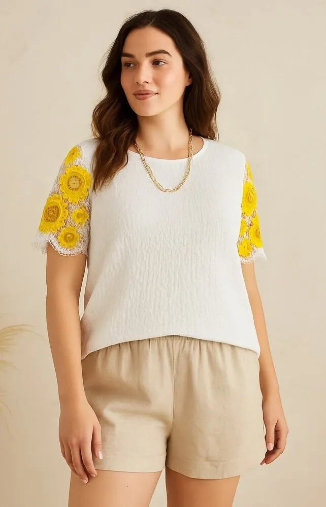 Alice Blue 1X White Textured Top Yellow Crochet Floral Sleeve Boho Cottagecore - Image 1