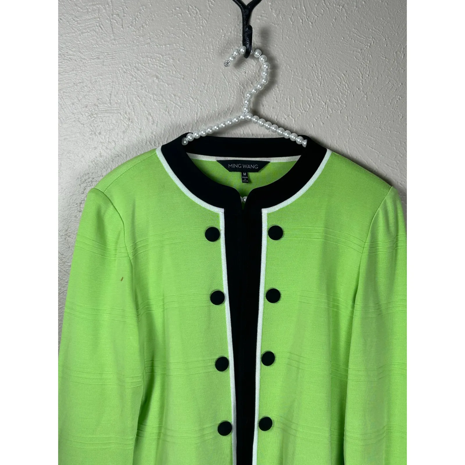 Ming Wang Cardigan Blazer Size Medium Preppy Green Black Knit Jacket TINY FLAW - Image 6