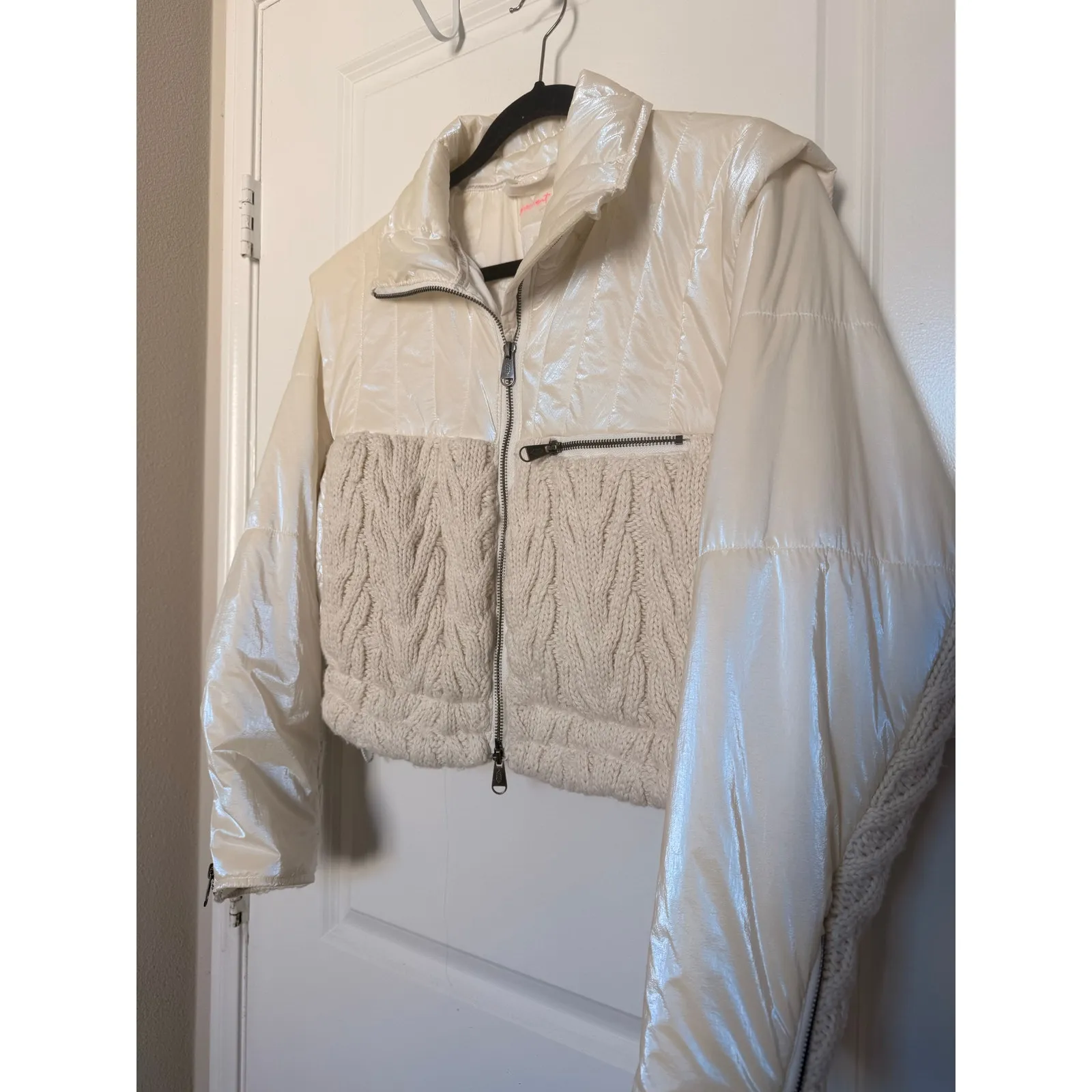 Free People Puffer Jacket Knit With It Quilted Knitted Ivory XS $298 Ski Winter - Image 3