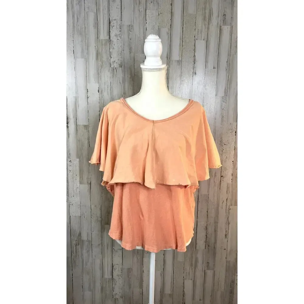 Free People Women's Medium Girl Talk Ruffle Linen Blend Top Sunny Peach Blouse‎ - Image 2