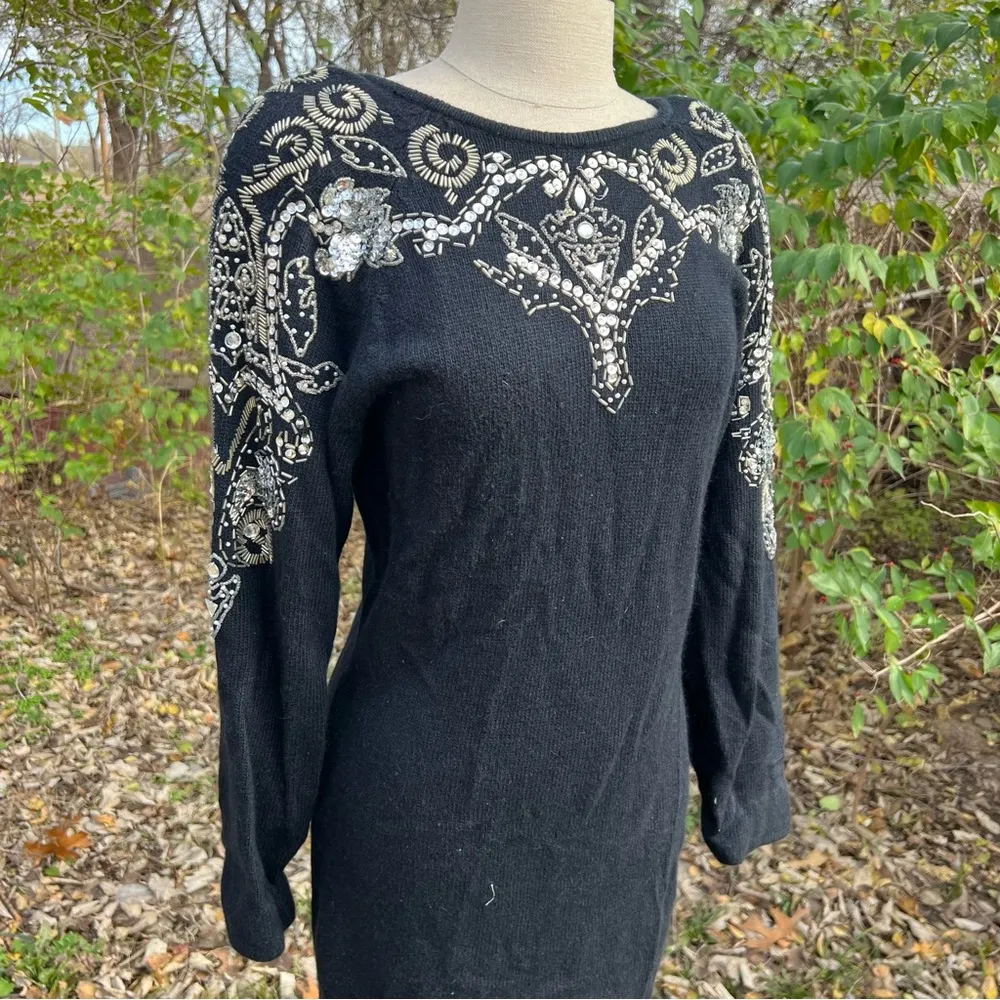 Vintage 80s 90s sarah taylor black silk angora beaded sweater dress midi MEDIUM - Image 2