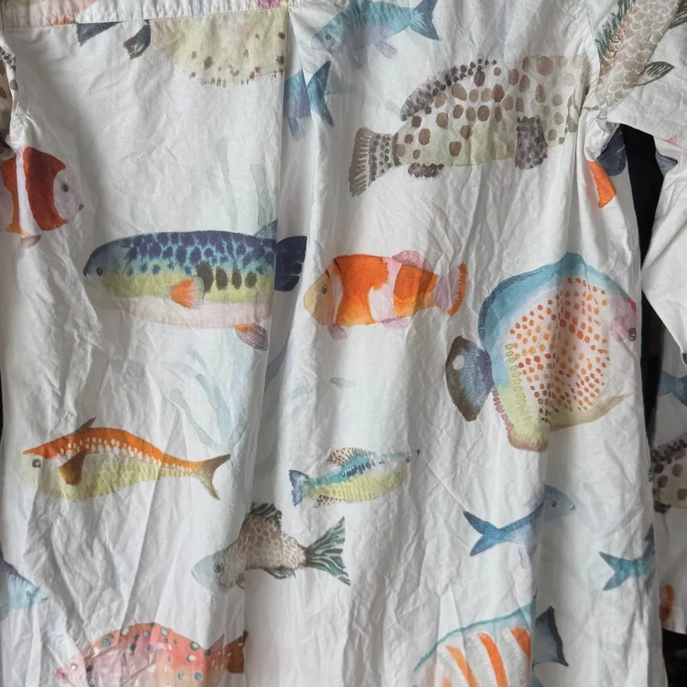 Fish dress shirt long sleeve button down coverup watercolor print beach swim - Image 4