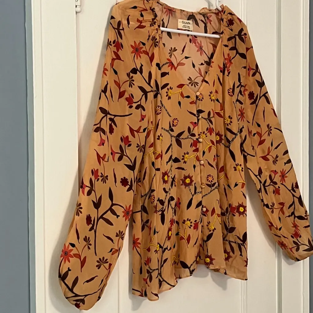 Guapa (anthropologie) beatrice button down floral beaded tunic blouse sz XS boho - Image 4