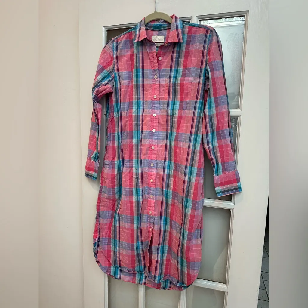 J. Crew Pink & Blue Plaid Midi Poplin Shirt Dress Preppy Pockets Size 2 XS - Image 2