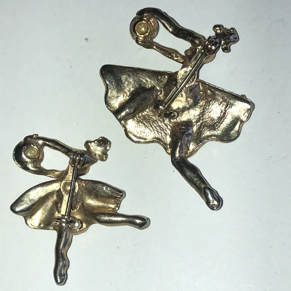 Vintage Gold Tone Off White Enamel Faux Pearl Ballerina Dancer Brooches - Image 5