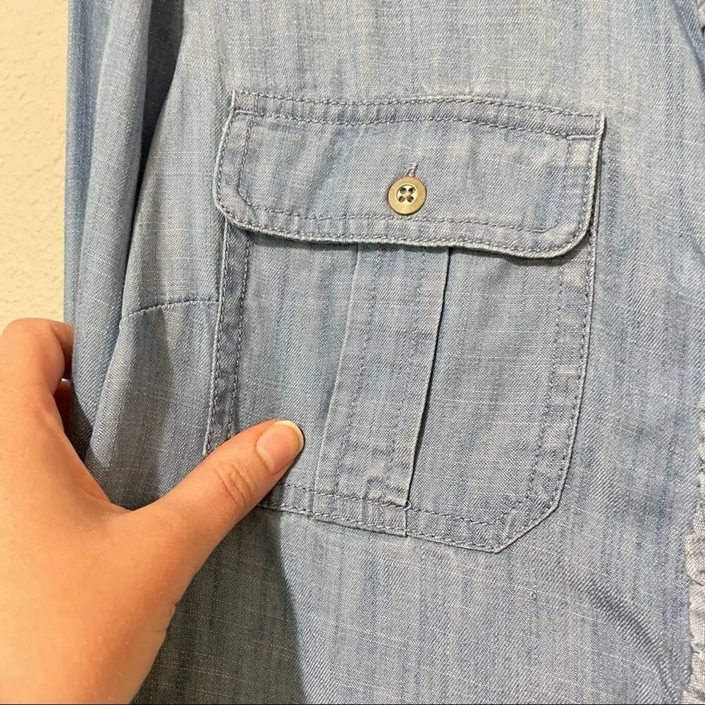 Talbots Ruffled Chambray Button Down Shirt Womens S Coastal Grandma Western Top - Image 6