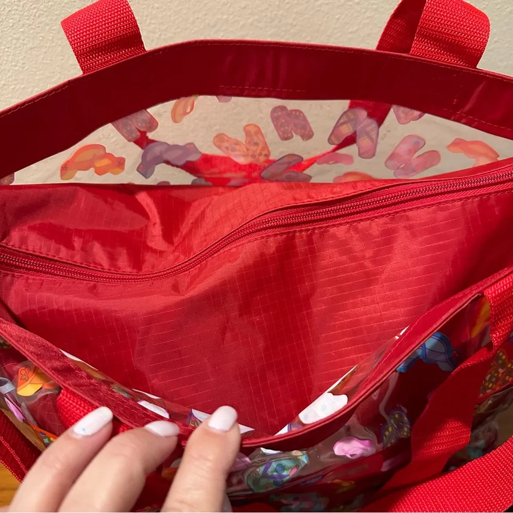 Flip Flop Clear Beach Tote Detachable Bag Insert Zip Top Shoulder Strap Red - Image 3