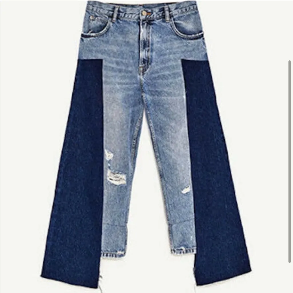 Blue Patchwork two tone denim asymmetric splice jeans Size 2 - Image 3