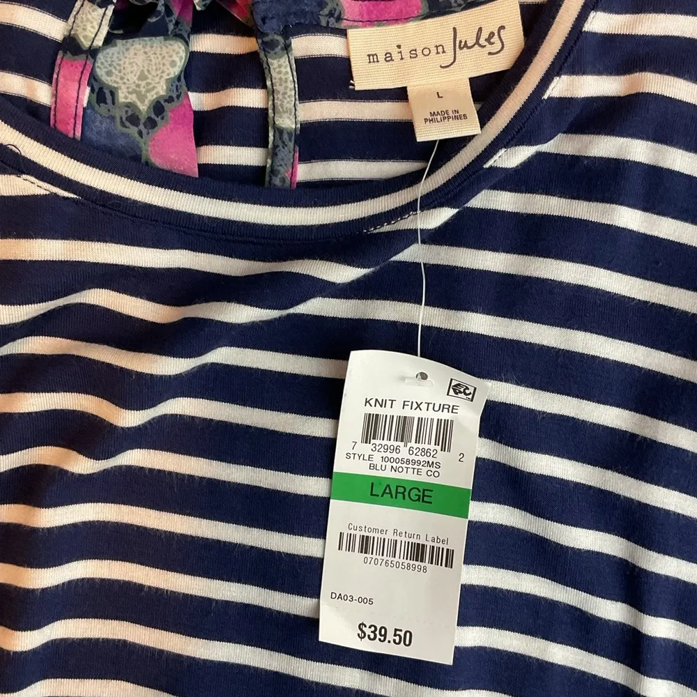 Maison Jules Large Navy Blue White Stripes Short Sleeve Back Tie Keyhole Shirt - Image 5