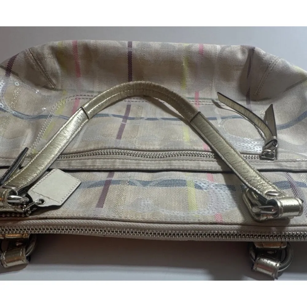 Coach Poppy Tattersall Signature Plaid Tote Bag Metallic Leather Trim 19871 15” - Image 8